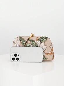 Elegant Shiny Multi-Color Leaf & Floral Patchwork Crossbody Clutch Bag,  Wedding, Randomly Patterned,Bride - Gold - View 4