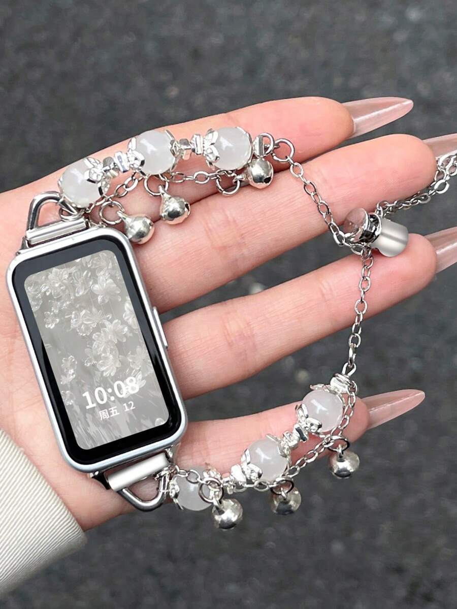 Correa de pulsera de metal con cuentas de piedra natural con forma de corazón, adecuada para Galaxy Watch 7/6/5/4 de 40 mm, 44 mm, 47 mm, 46 mm, 41 mm, Galaxy Watch 5 Pro de 45 mm, Galaxy Active 2, Galaxy Watch 3, de 18/20/22 mm, compatible con HW Watch 5/4/3/1 y GT6/5/4/3/2, así como HW Watch Fit3/Fit4 y HW Band 8/9/10NFC - Blanco - Ver 1