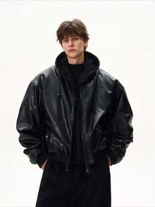 Gridborn Men Jacket Two Layer Look PU Leather Zip Up Loose Fit Bomber Style For Casual Wear - Black - View 1