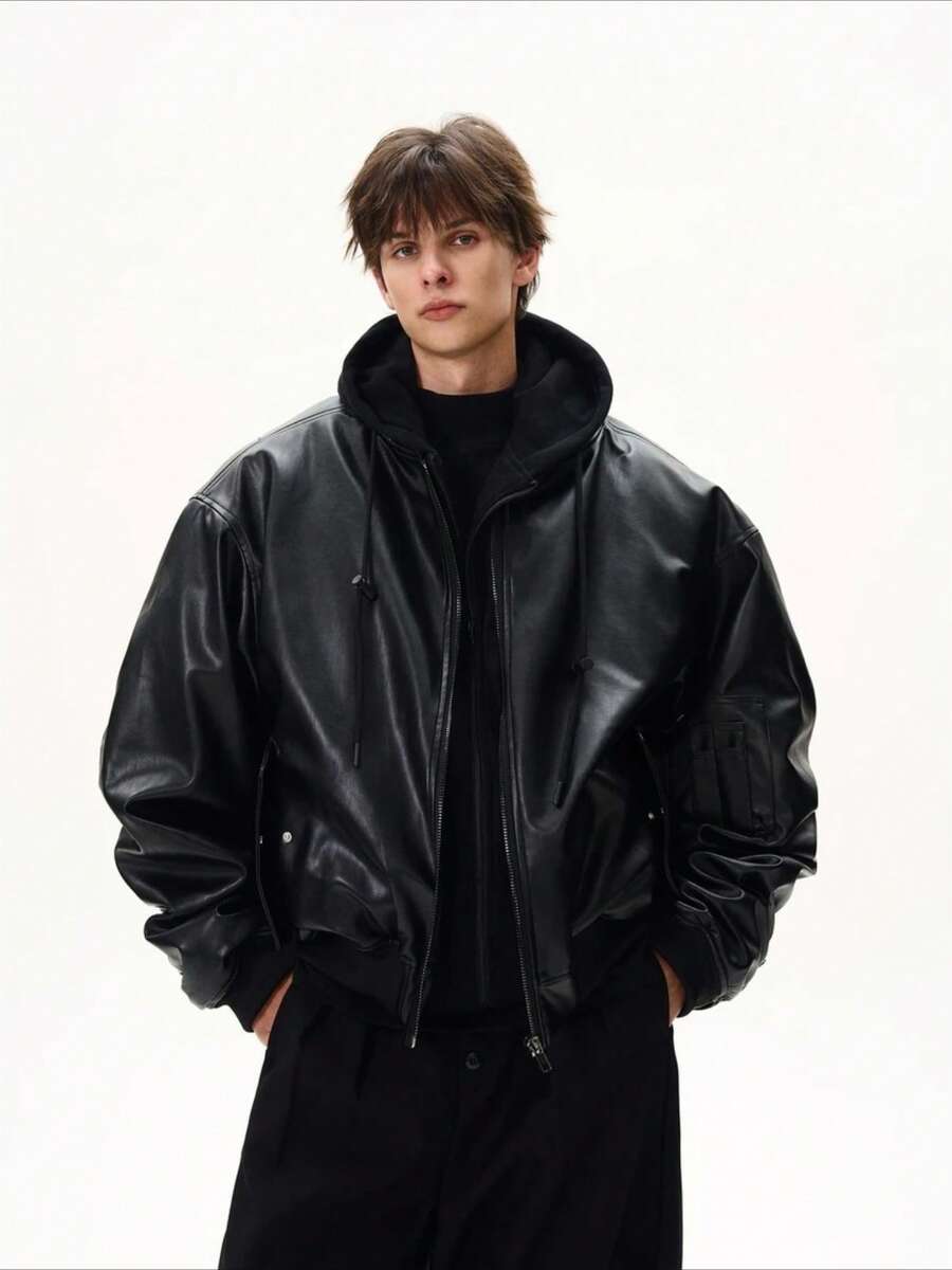 Gridborn Men Jacket Two Layer Look PU Leather Zip Up Loose Fit Bomber Style For Casual Wear - Black - View 1