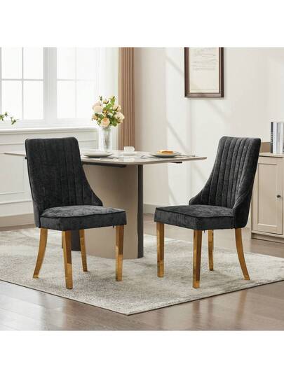 Flocked Chenille Rayon Dining Chairs, Com Tafel Kitchen Stoel Fabric Upholstery Goud Stainless Steel Legs, Set Of (Black). view 3