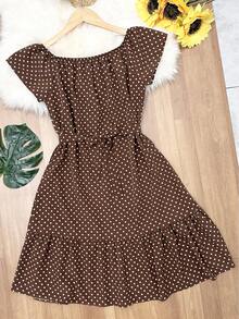 Floral Polka Dot Print With Belt And Ruffled Hem. Beachwear, Women's Fashion. - 棕色 - 查看 3