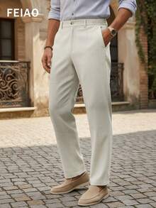Quần dài nam FEIAO kiểu retro, chất liệu giả lanh, màu trơn, ống đứng, phong cách tối giản, đa năng. - Màu Khaki - Xem 3