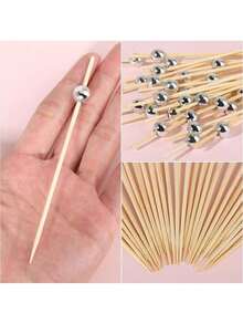 100pcs/10pcs Silver Disposable Bamboo Skewers, Round Bead Design, Suitable For Kitchen, Salad, Wedding, Party