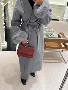 女士新款优雅系带仿毛皮袖外套，高端系带长款大衣，修身显瘦，和服式设计，秋冬款 - 灰色 - 查看 4