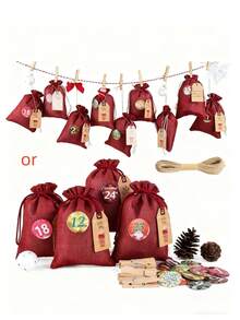 Large Fill Advent Calendar, Christmas Calendar Jute Bag Self Filling, Jute Bag Chain Self Filling And Hanging, 2024 Gift Bag Men's Red Birthday Home Decor Christmas Decorations Room Decor Winter Christmas Decorations Home Christmas Gifts Christmas Decor - Red - View 1