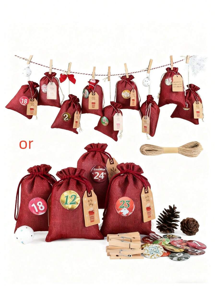 Large Fill Advent Calendar, Christmas Calendar Jute Bag Self Filling, Jute Bag Chain Self Filling And Hanging, 2024 Gift Bag Men's Red Birthday Home Decor Christmas Decorations Room Decor Winter Christmas Decorations Home Christmas Gifts Christmas Decor - Red - View 1