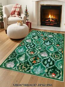 1pc Christmas Tree, Santa Claus And Reindeer Pattern Beige Carpet, Non-Slip And Washable, Suitable For Living Room, Bedroom, Hallway, Indoor And Outdoor Use, Easy To Create Warm Christmas Home And Room Decor - Green - View 14