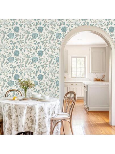Roll Blauw Bloemen Self Adhesive Wallpaper, Vintage European Botanical Peel Stick Bohemian Aesthetic Home Sticker, Waterproof, Removable, Easy To Cut Install, Living Room, Bedroom, Fireplace, Kitchen, Entryway, Furniture Renovation Like Cabinets, Tables, Vanities, Dressers view 2