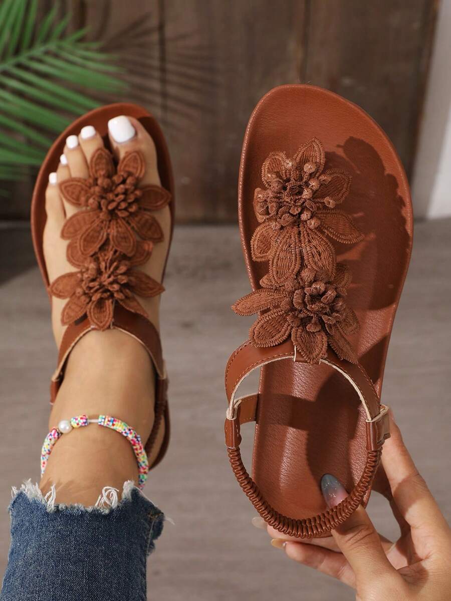 Women's Elegant Sandals, Solid Color Floral Decor, Summer Fairy Tale Style, Open Toe Design, Fabric Upper And Lining, Non-Slip Outsole, Microfiber Insole
