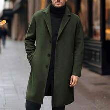 Coat Men Wool Single Breasted Notched Lapel Collar Pea Coat Winter F Warm Business Mid Long Outwear Overcoat - A01-黑色 - 查看 4