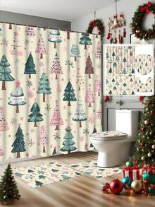 1/4 Piezas Juego de cortina de baño minimalista de árbol de Navidad y copos de nieve de invierno en color verde, de poliéster impermeable y lavable a máquina, adecuado para decorar el baño o la ducha en Navidad, incluye 12 ganchos, alfombra antideslizante y tapa de inodoro con forma de U