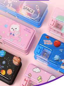 卡通宇航员太空图案铅笔盒，多功能学生文具盒带卷笔刀，大容量笔盒，学习用品 - 彩色 - 查看 2
