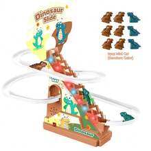 恐龙过山车玩具、恐龙爬梯音乐玩具、恐龙赛道、电动赛道游戏自动攀爬器、带恐龙迷你车的爬梯玩具、圣诞节、万圣节和新年礼物（不含电池） - 彩色 - 查看 12
