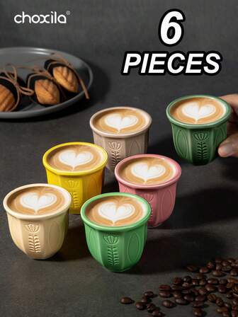 choxila 6pcs/Set 100ml Ceramic Relief Tulip Coffee Cups, Middle Eastern Style Coffee Cups, Saudi Style Tea Cups, Water Cups, Coffee Mugs, Matcha Cup, Milk Tea Cup, Multicolor Cup For Home, Restaurant, Cafe, Courtyard, Gift Giving