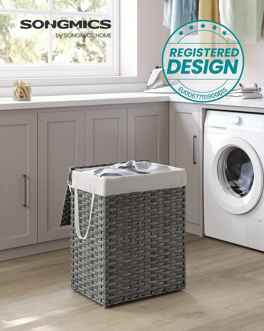 SONGMICS Cesta de Almacenamiento, Cesta de Lavandería de 90 L con Tapa, Plegable, Bolsas de Tela Extraíbles y Asas, para Mantas, Ropa, Salón, Dormitorio, Lavadería, Gris - Gris - Ver 1
