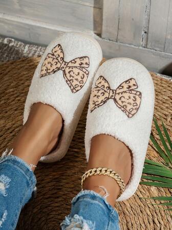 女士可爱毛绒蝴蝶结休闲室内拖鞋，冬季保暖时尚