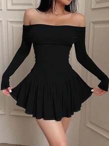 Vestido mini de manga larga de un hombro con volantes en el bajo para mujer, para primavera y otoño - Negro - Ver 2