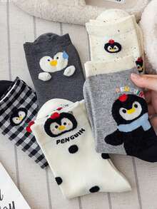 5双装女士可爱卡通动物、企鹅、字母印花时尚透气中筒袜 - 彩色 - 查看 4