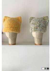 1顶猫耳长毛绒可爱兔耳保暖耳罩帽，针织混纺针织帽，女士秋冬款