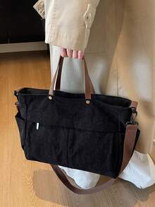 女士多口袋手提包，简约时尚单肩斜挎包，轻便可折叠购物袋，适合购物、旅行、办公 - 黑色 - 查看 5