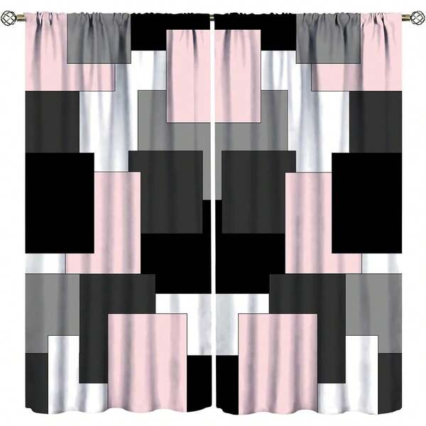 Pink And Black Curtains Gray White Geometric Silver Dark Abstract Square Art Curtain With Rod Pocket For Bedroom Living Room Home Decor Drapes Window Treatments,28X40 Inch,2 Panel Set