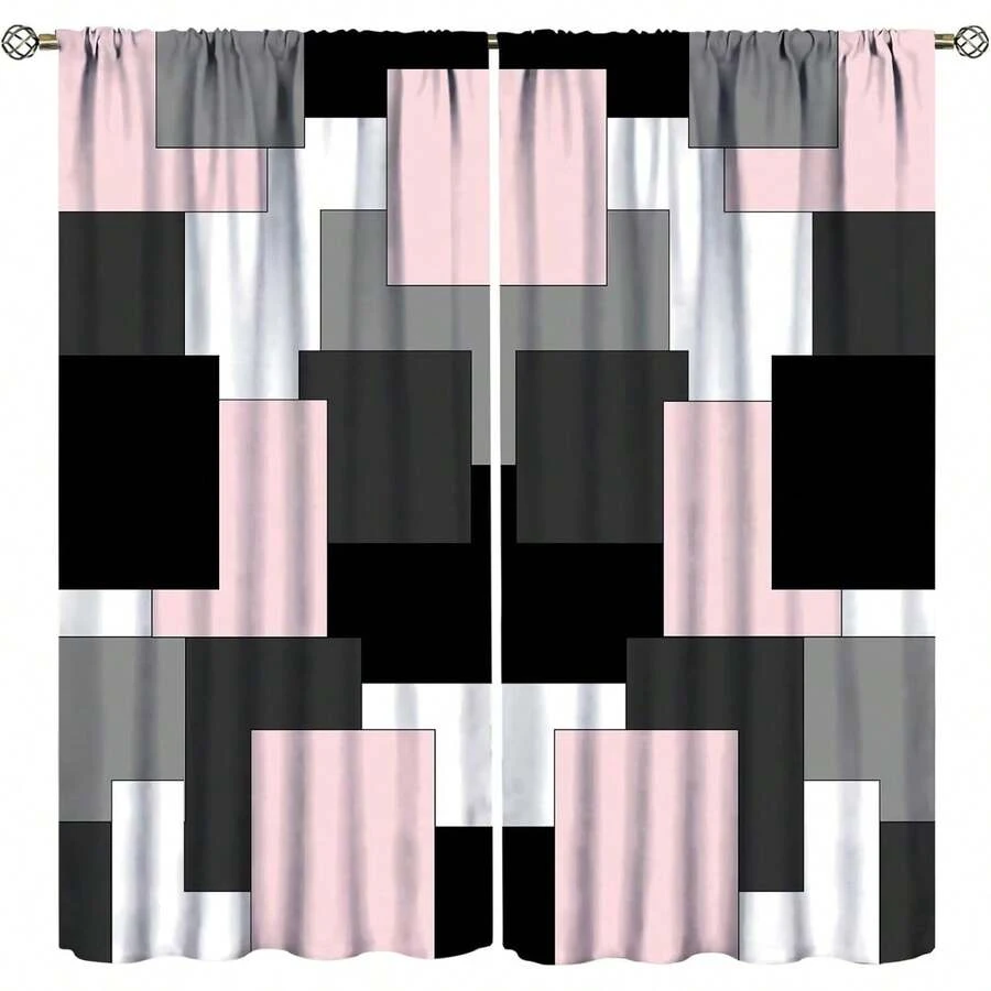 Pink And Black Curtains Gray White Geometric Silver Dark Abstract Square Art Curtain With Rod Pocket For Bedroom Living Room Home Decor Drapes Window Treatments,28X40 Inch,2 Panel Set
