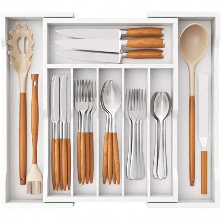 TFKI Silverware Drawer Organizer Expandable Utensil Tray For Kitchen Bamboo Flatware And Cutlery Holder Wood Adjustable Storage For Spoons Forks Knives Large White - White - View 1