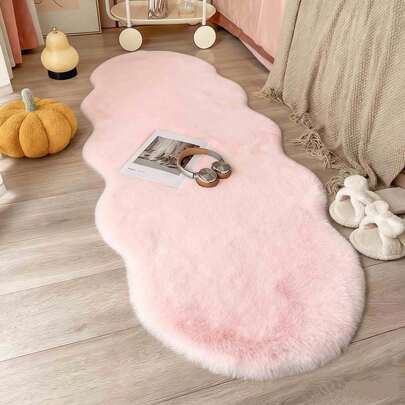 1pc Soft Faux Fur Rug, Light Pink Asymmetrical Shaped Floor Mat, 1-5cm Trimming Tolerance, Suitable For Christmas, Thanksgiving And New Year Decoration, Soft & Skin-Friendly, Home Decor Carpet For Living Room, Bedroom, Bathroom Or Kitchen, Multiple Colors Available