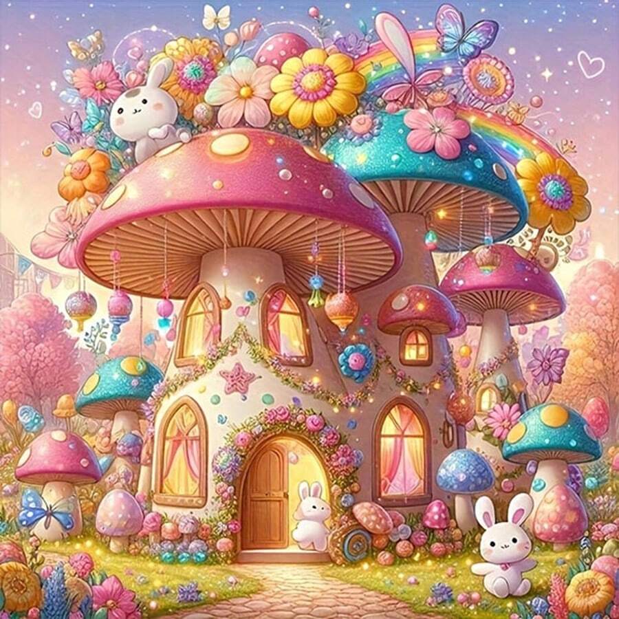 1pc DIY Diamond Painting Dreamlike Mushroom House, Cartoon Rabbit, Rainbow Flower, Creative Decor Painting, Adult Gift For Home, Bedroom, Living Room, Bathroom, Holiday Gift - Multicolor - View 1