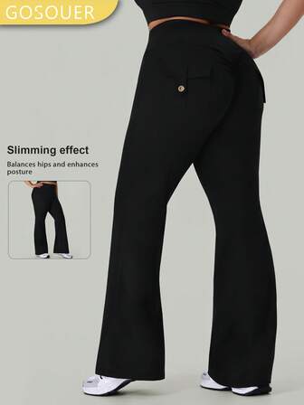GOSOUER Plus Size Women's Fashion High Waist Solid Color Casual Daily Flared Pants Soft Comfortable Compression Sports Yoga Pants With Pockets Peach Hip Fitness Pants