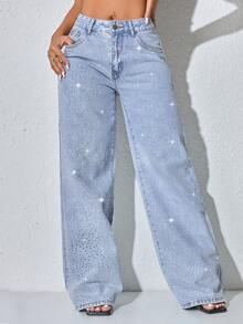 女士低腰阔腿休闲蓝色牛仔裤，斜插口袋，饰有串珠，春季款 - 薄荷藍 - 查看 3