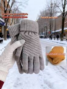 1 Pair Multicolor Winter European & American Popular Thick Velvet Knitted Five-Finger Universal Unisex Solid Color Gloves, Windproof - Multicolor - View 3