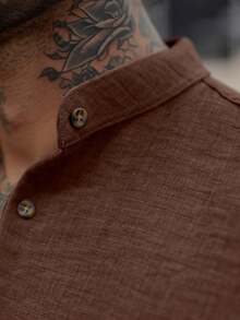 Men's Short Sleeve Priest Collar Shirt – Premium Quality, Perfect Fit, Light And Fresh Fabric, Easy To Iron. - Rỉ Nâu - Xem 2