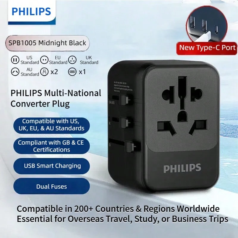 PHILIPS Multi-Country Travel Adapter Kit With 4 USB Smart Ports, Suitable For Business Travelers And Families, Desktop Charging Station, Compatible With Most Common Specifications. SPB1005B/93