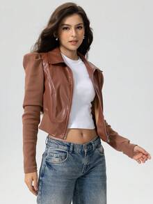 D&M Elastic Faux Leather Patchwork Ribbed Slim Fit Short Jacket - Brown - View 3