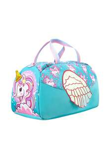 1个便携式旅行包，印有可爱的卡通独角兽/兔子/蛋糕/鲨鱼/恐龙等新颖造型。大容量、轻便耐磨的单肩斜挎包，配有舒适宽肩带，肩带长度可调节，满足基本收纳需求，适合旅行、户外活动、露营等场合，也适合万圣节、感恩节、圣诞节等节日。