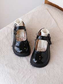 1双女童春秋季新款英伦风软底黑色乐福鞋，魔术贴时尚蝴蝶结设计，适合上学、聚会、演出等场合，百搭平底鞋 - 黑色 - 查看 3