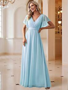 Fall Winter Surplice Neck Butterfly Sleeve Chiffon Light Blue Bridesmaid Dress Elegant Dress Wedding Guest Dress For Wedding Fall Semi Formal Dress