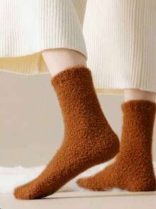 4 Pairs Coral Fleece Winter Extra Thick Warm Socks, Unisex - All Season Cold-Proof, Solid Color Casual Outdoor Socks, Skiing Gear - Multicolor - View 5
