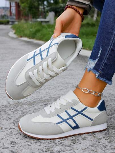 1双女士平底系带几何图案休闲PU皮运动鞋，户外四季通用大码撞色平底鞋，学生休闲运动鞋