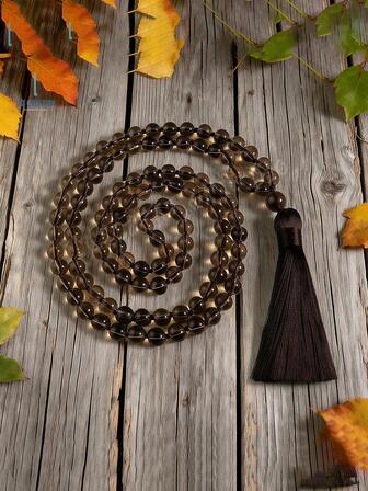 8mm Smoky Quartz Mala Prayer Necklace 108 Japamla Mala Beaded Knotted Meditation Tassel Necklace Boho Style Jewelry For Women Men