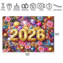 优雅的 2026 新年庆祝背景幕布，饰有金色气球、烟花和花卉图案 - 浅粉色/蓝色/紫色/金色/桃色派对装饰，中心装饰有数字 2026 - 室内/横幅，适用于婚礼、生日、新年、情人节、春/夏/秋季活动，有多种尺寸可供选择。 - 彩色 - 查看 15