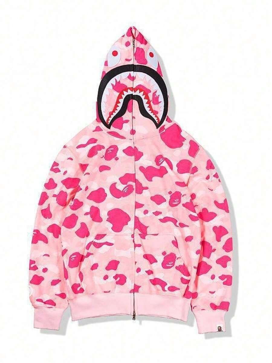 Christmas Outfit Men Halloween Clothes Men's Thermal Clothing Fleece  Shark Suit Men's Printed Casual Terry Hooded Sweatshirt Jacket - 粉色 - 查看 1