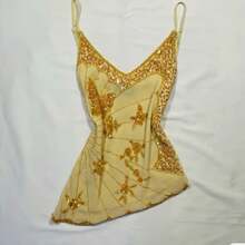 Women Y2k Fairy Sequin Butterfly Cami Tops Sleeveless Spaghetti Strap Mesh Sheer Crop Tank Tops See Through Camisole Summer Slim Fitted Shirt Vintage Aesthetic Clothes 2000S Streetwear - 黃色 - 查看 2