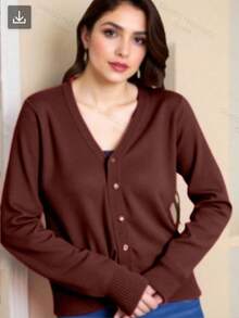 TRICOZHU COAT Women's Cardigan Sweater Knit Cold Weather Buttons Women's Winter Cardigan PLAIN - 咖啡棕 - 查看 2
