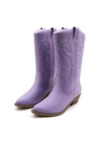 Lurnyet Cowboy Boots For Women Cowgirl Western Boots Fashion Embroidery Stitched Chunky Heel Mid Calf Boots WACOW-2 - 薰衣草 - 查看 7