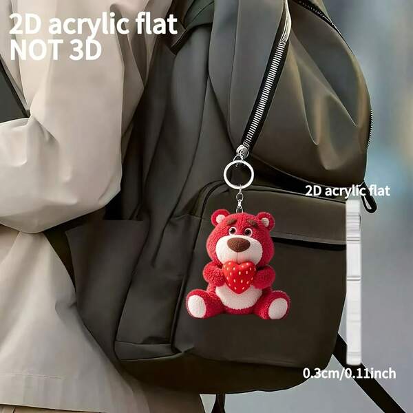 2D Plano, 1 Chaveiro de Urso de Morango Disney - Fofo Urso Vermelho com Encantos de Coração e Morango, Corrente Durável de Aço Inoxidável 304, Pingente Decorativo Compacto de 5,5 cm, Adequado para Mochilas, Carteiras, Chaves de Carro - Um Presente de Natal Perfeito para Fãs da Disney, Chaveiro, Chaveiro Rosa, 2D Plano.