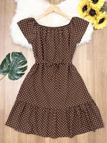 Floral Polka Dot Print With Belt And Ruffled Hem. Beachwear, Women's Fashion. - 棕色 - 查看 1
