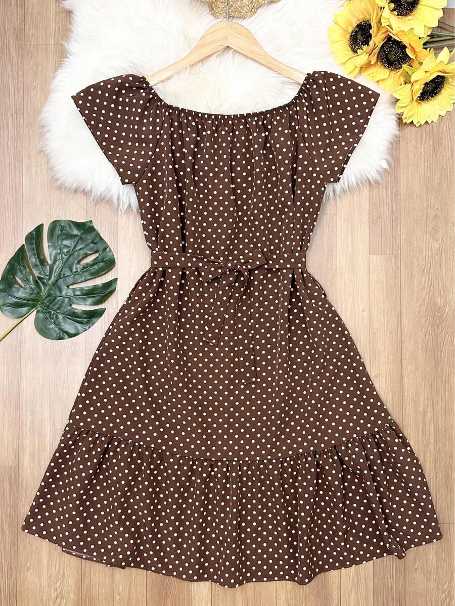Floral Polka Dot Print With Belt And Ruffled Hem. Beachwear, Women's Fashion. - 棕色 - 查看 1